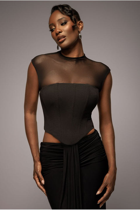 High Neck Open Back Lace Up Scuba Corset Top - Black by Goddiva