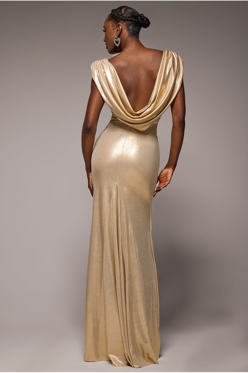 Cowl Plunge Draped Foil Maxi Dress - Gold DR4925