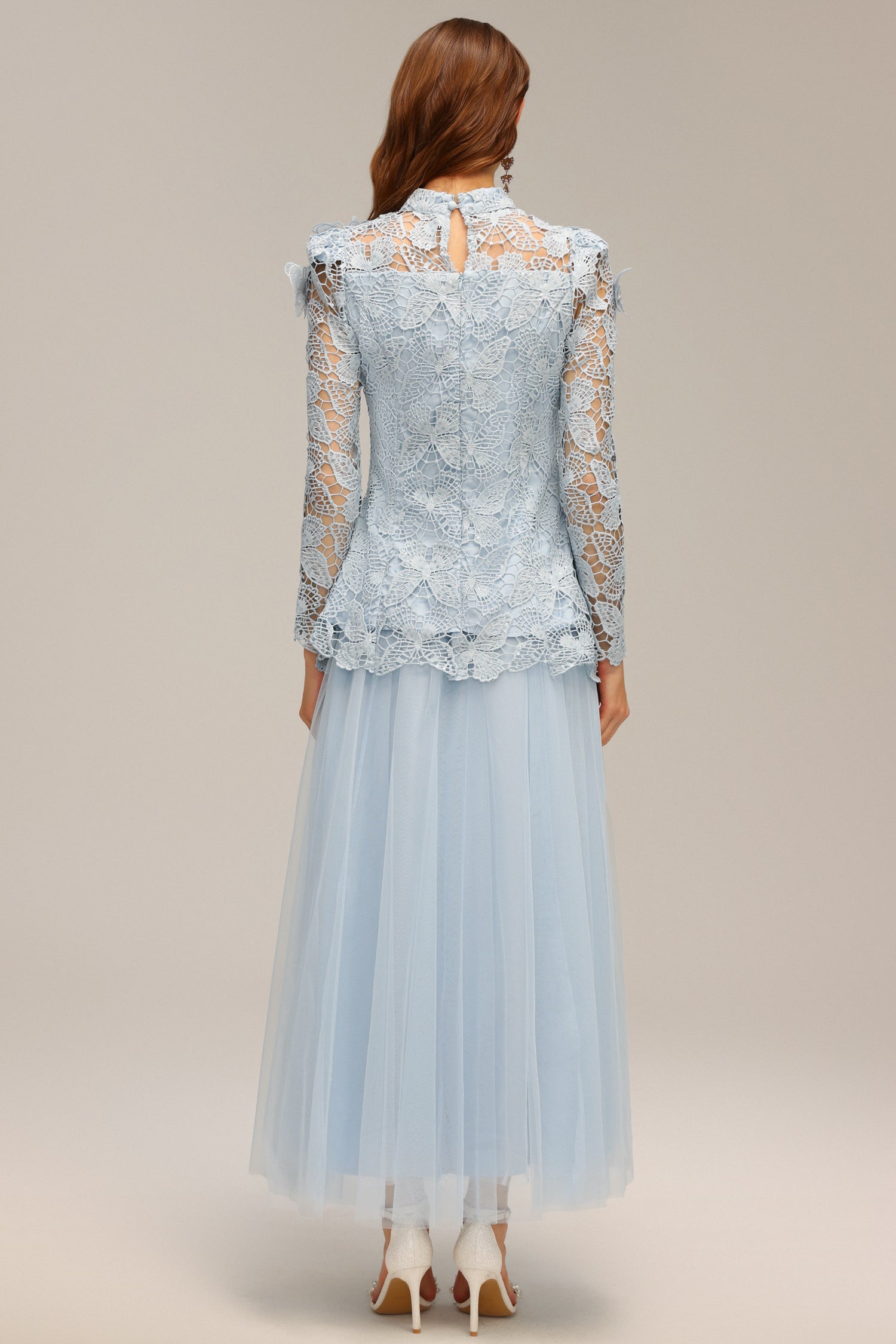 Sabina Long Sleeve Folds Lace Butterfly Top And Skirt Two-Piece Set C250300235