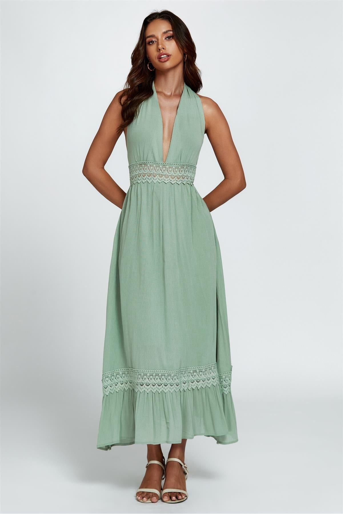 Lace Detail Adjustable Deep V Neckline Maxi Dress In Green FS254-Green