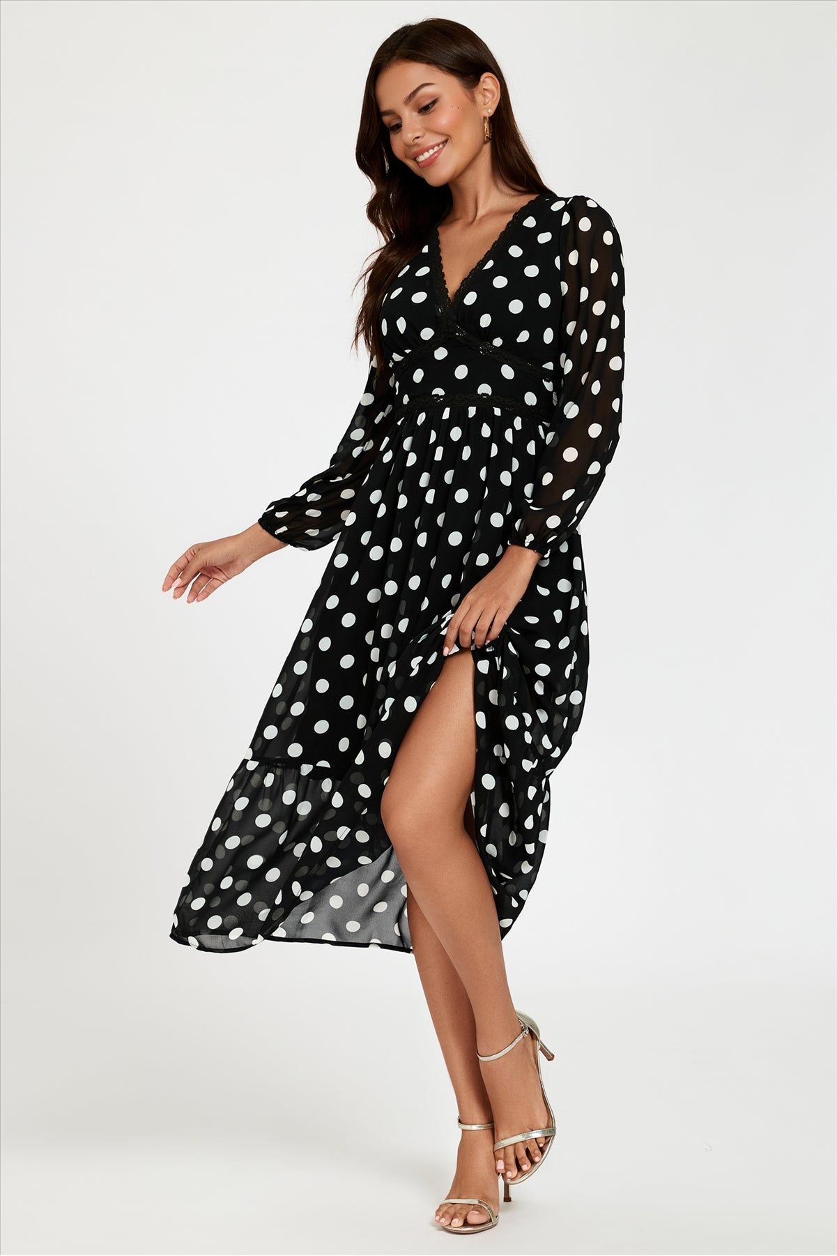 Dot Print Lace Trim Long Sleeve Maxi Dress In Black FS565-BWP