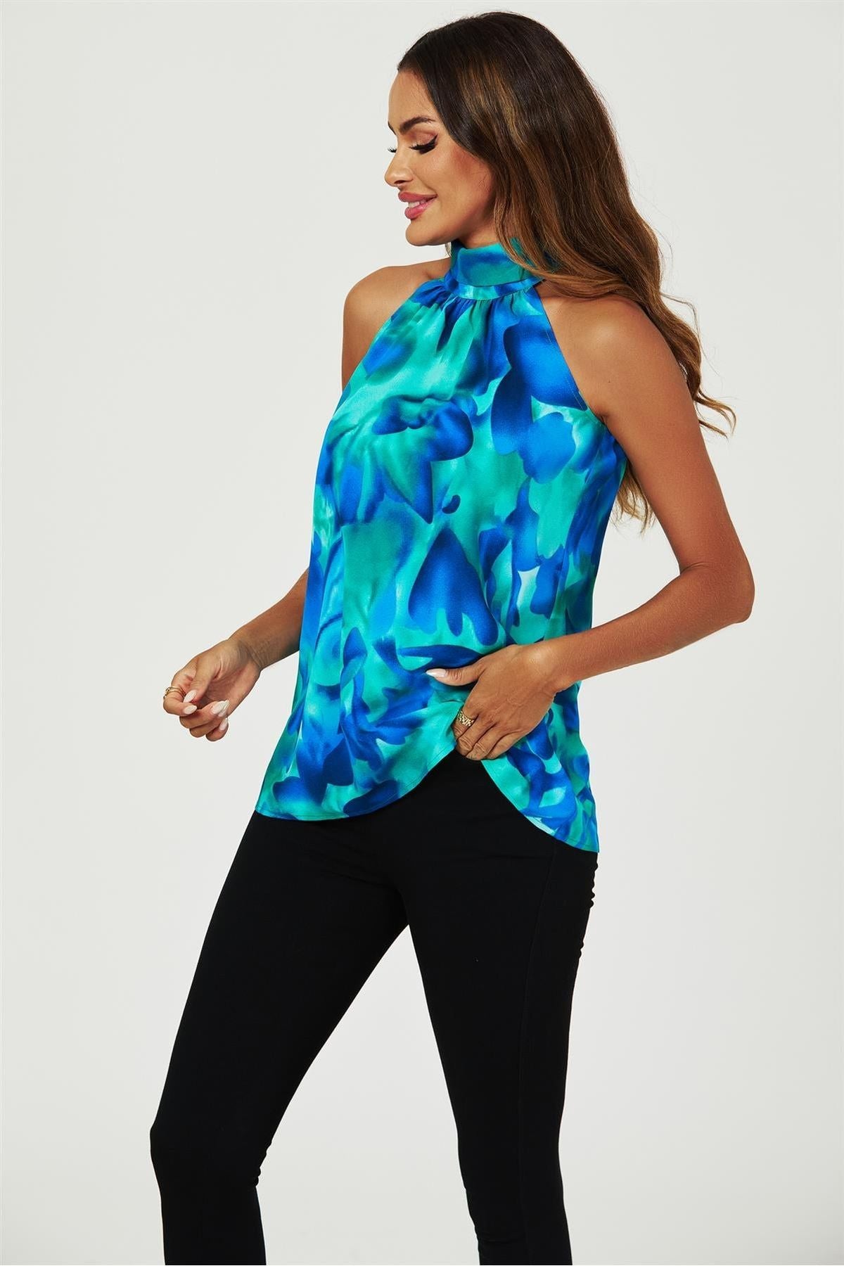 Abstract Floral Print Halter Neck Tie Back Top In Blue FS557-BlueFloral