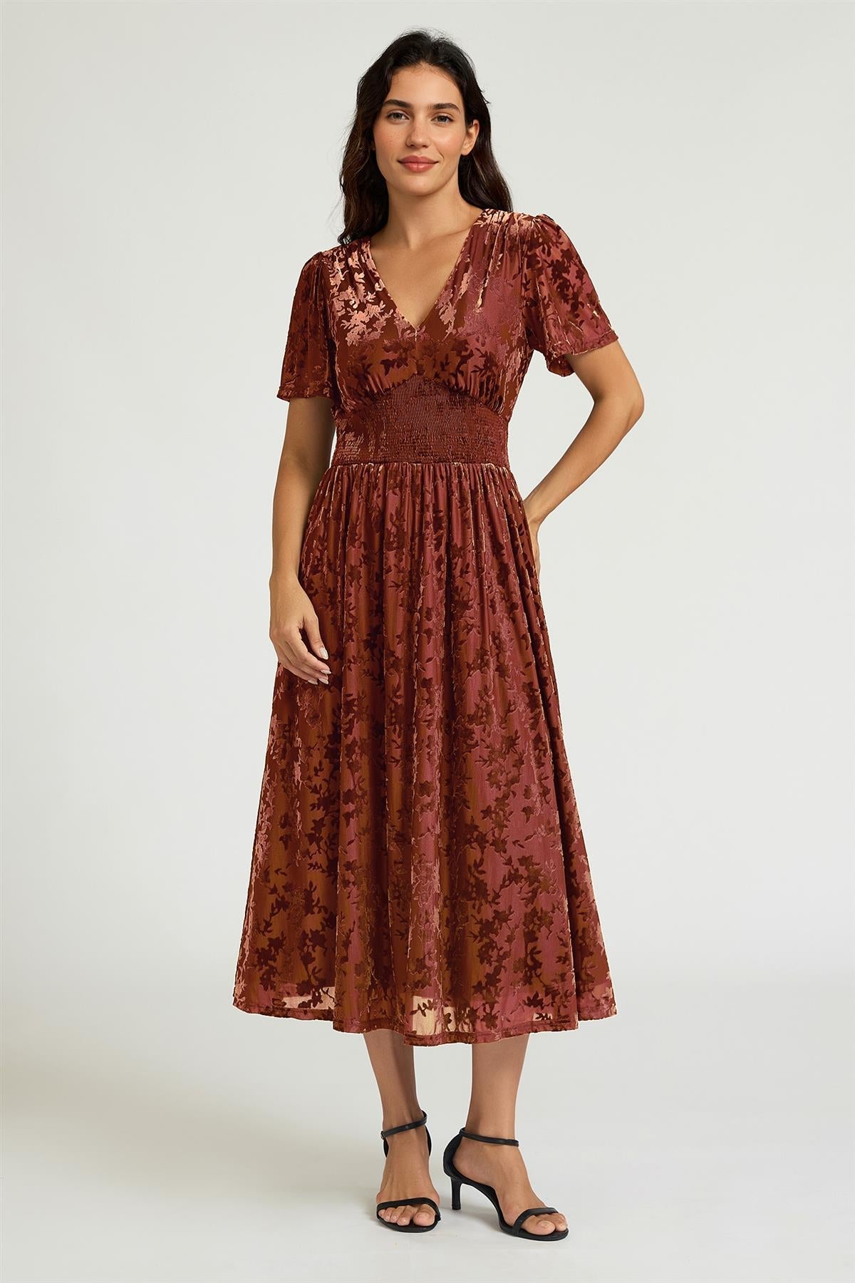 Rust Velvet Burnout V-Neck Angel Sleeve Midi Dress FS955