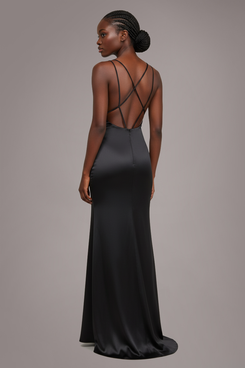 Cowl Neck With Strappy Back Satin Maxi - Black DR2113