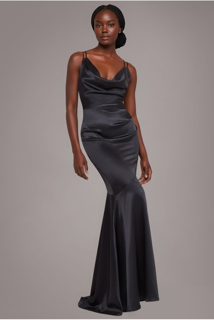 Cowl Neck With Strappy Back Satin Maxi Black