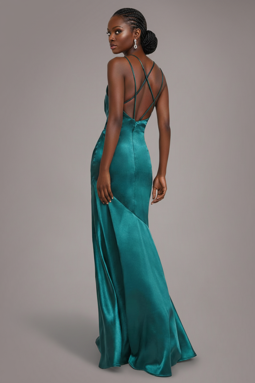 Cowl Neck With Strappy Back Satin Maxi - Emerald DR2113