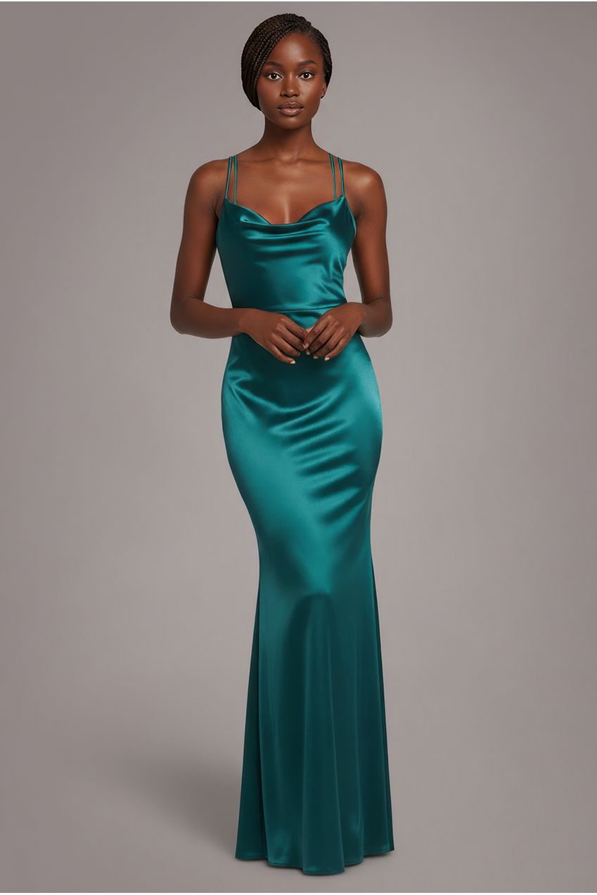 Cowl Neck With Strappy Back Satin Maxi - Emerald DR2113