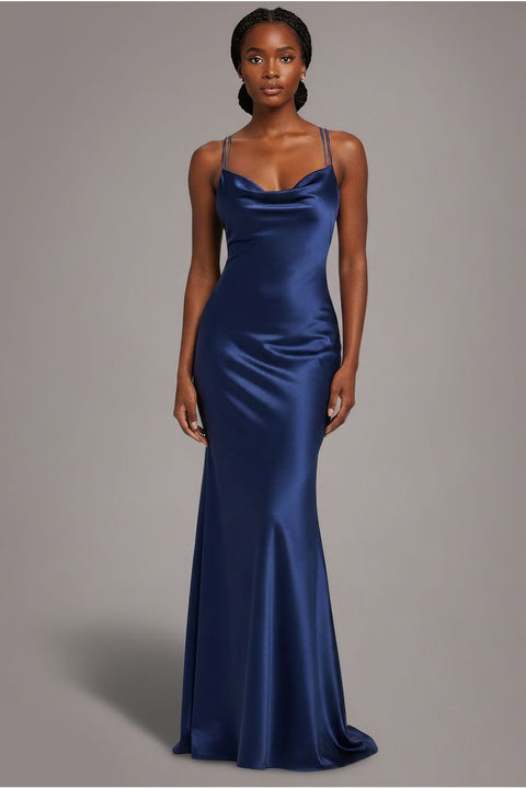 Cowl Neck With Strappy Back Satin Maxi - Navy by Goddiva