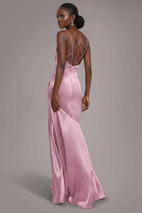 Satin Cowl Neck With Strappy Back Maxi - Pink by Goddiva