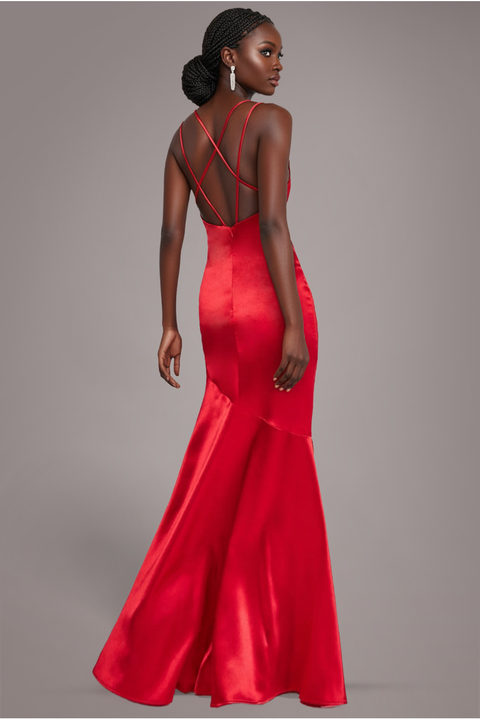 Cowl Neck With Strappy Back Satin Maxi - Red by Goddiva