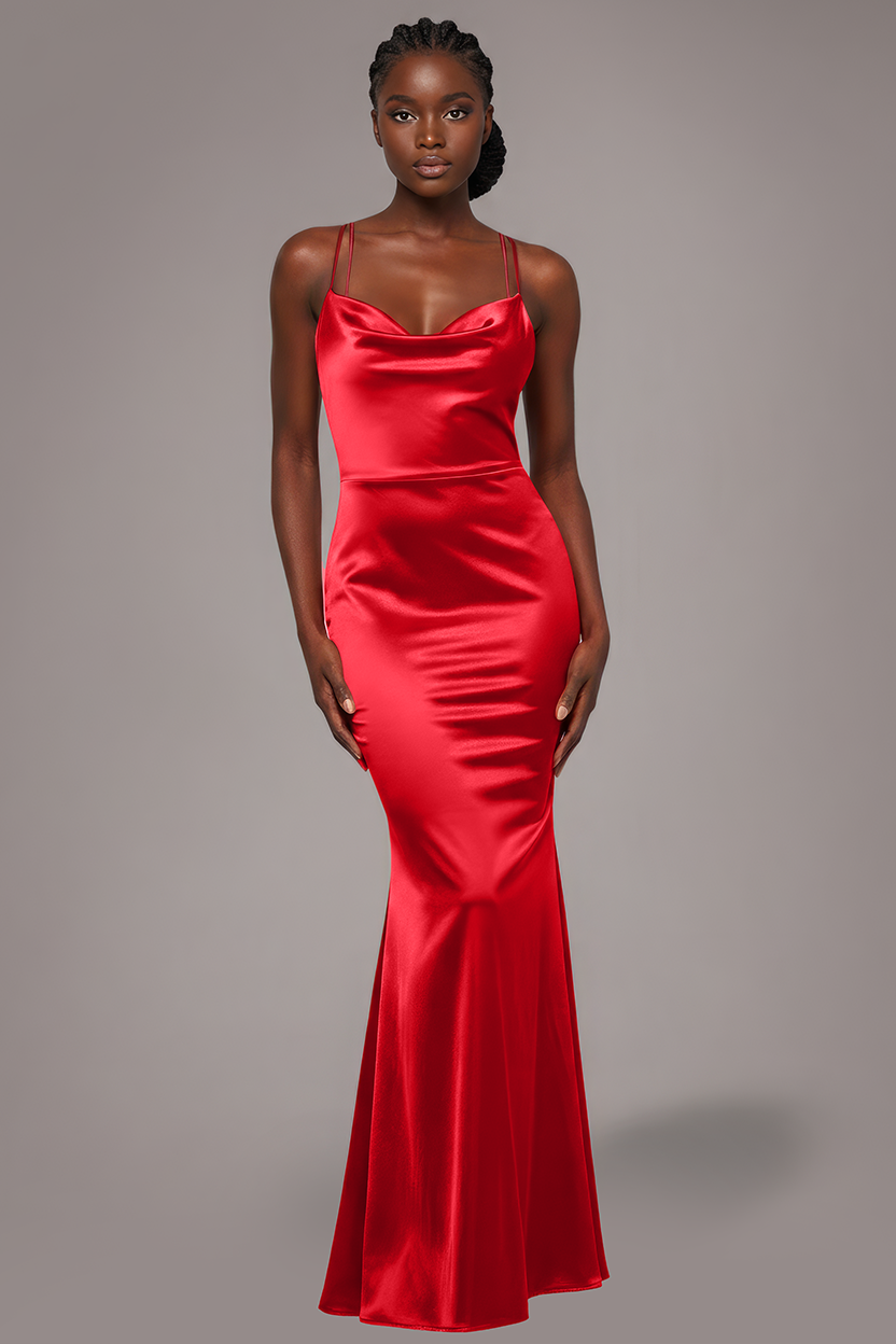 Cowl Neck With Strappy Back Satin Maxi - Red DR2113