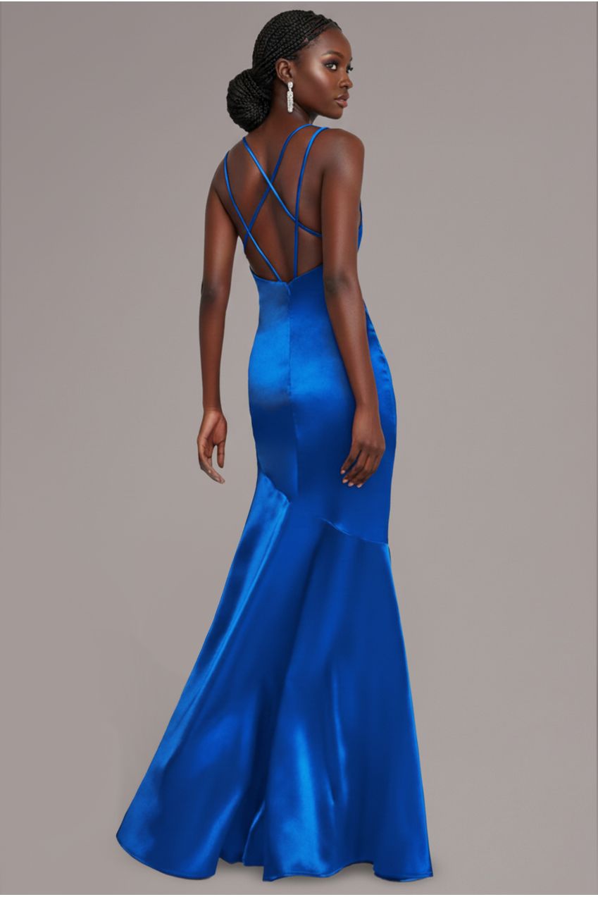 Cowl Neck With Strappy Back Satin Maxi - Royal Blue DR2113