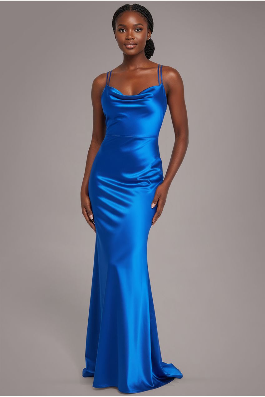 Cowl Neck With Strappy Back Satin Maxi - Royal Blue DR2113