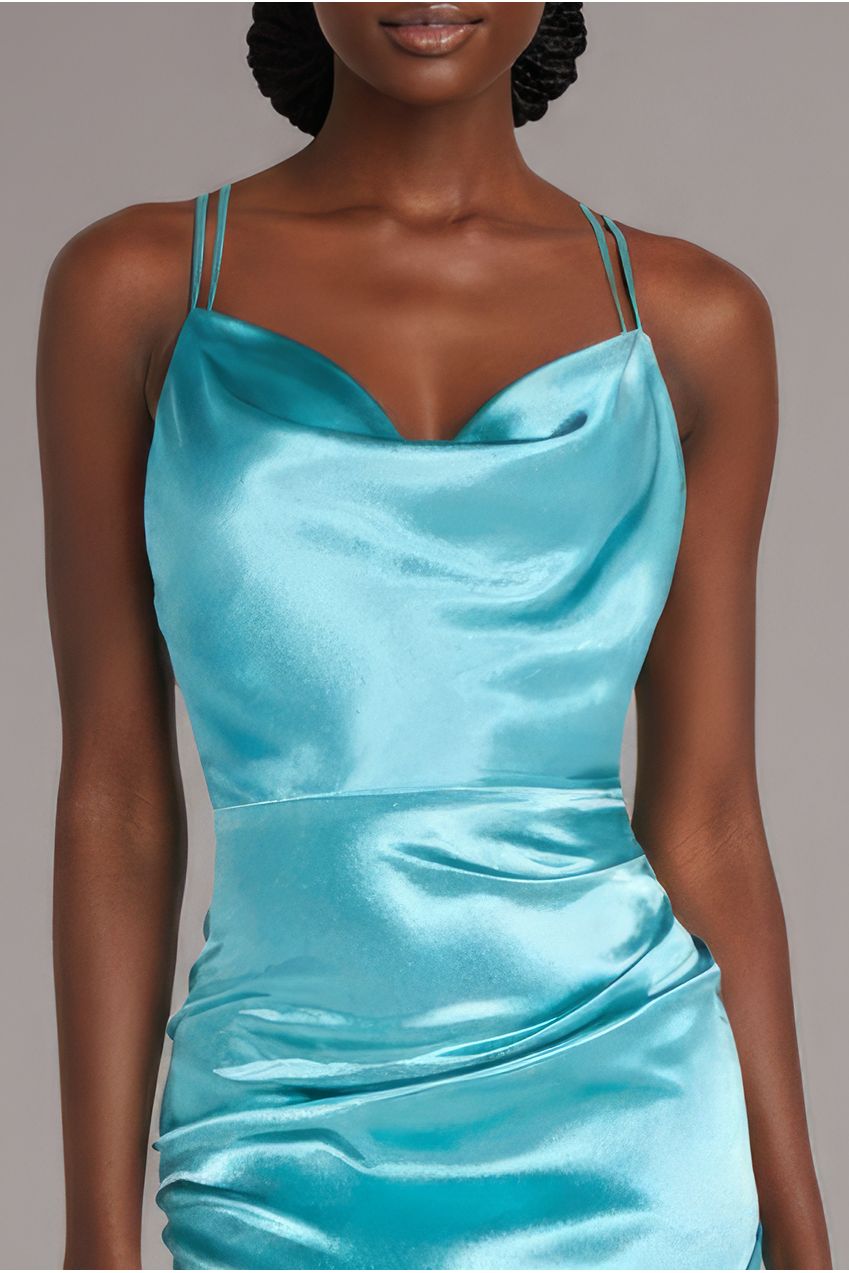 Satin Cowl Neck With Strappy Back Maxi - Aqua DR2113QZ