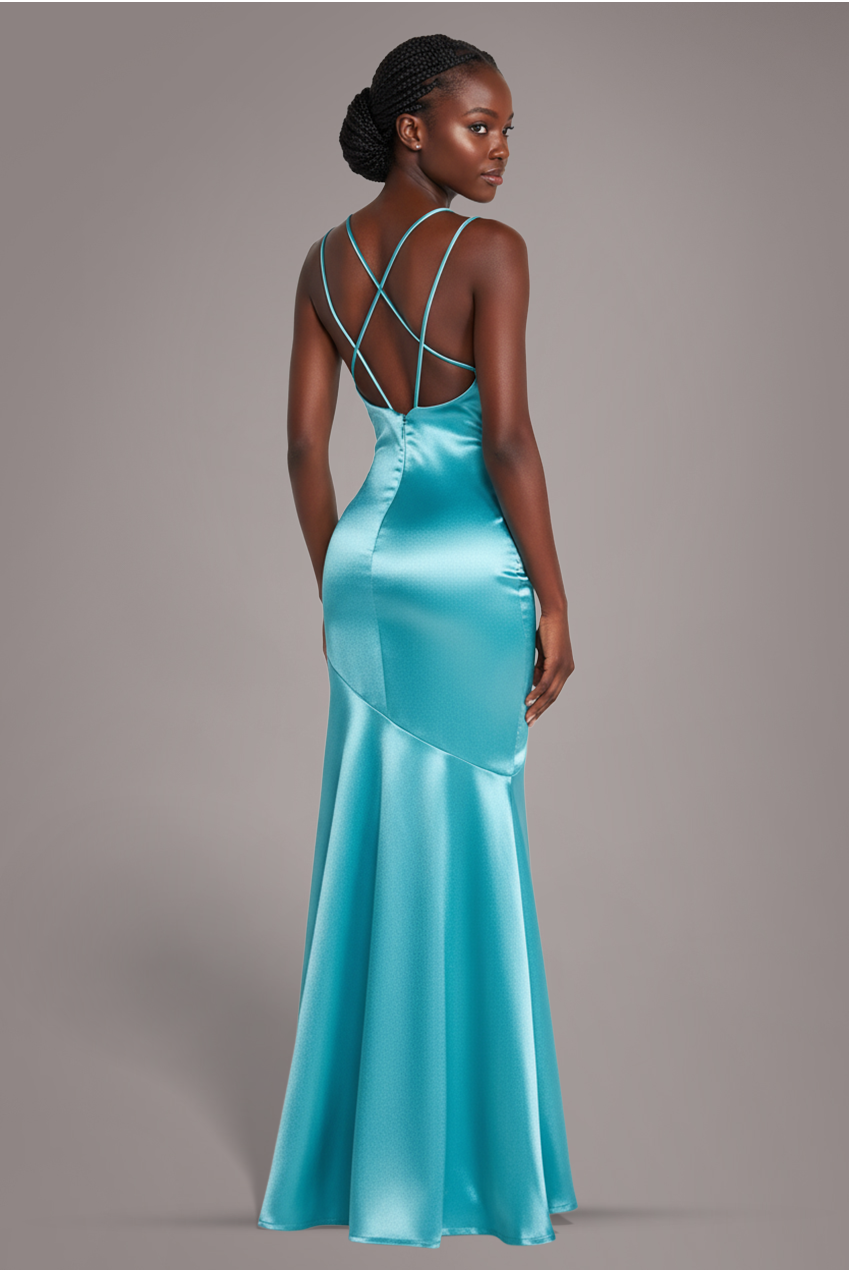 Satin Cowl Neck With Strappy Back Maxi - Aqua DR2113QZ