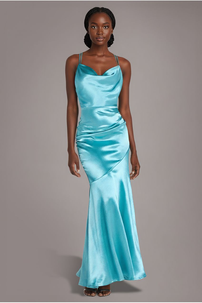 Satin Cowl Neck With Strappy Back Maxi - Aqua DR2113QZ