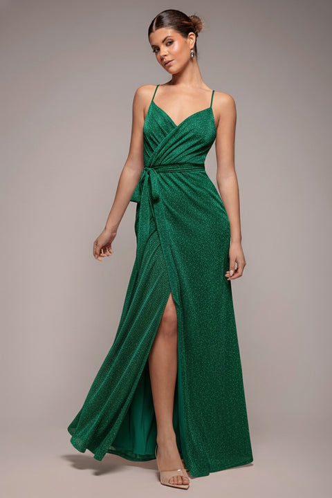 Wrap Style Spaghetti Strap Maxi With Split - Emerald by Goddiva