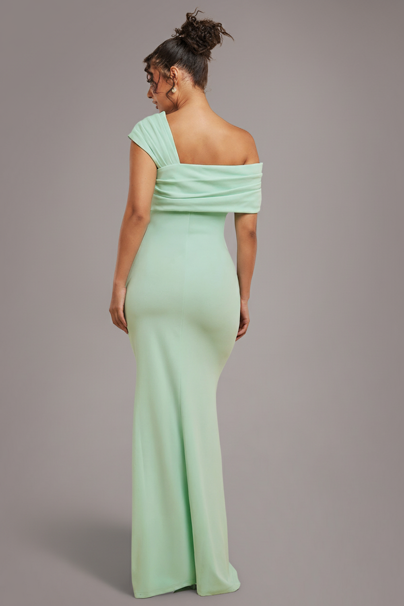 One Shoulder Scuba Crepe Evening Maxi Dress - Mint Green DR3231