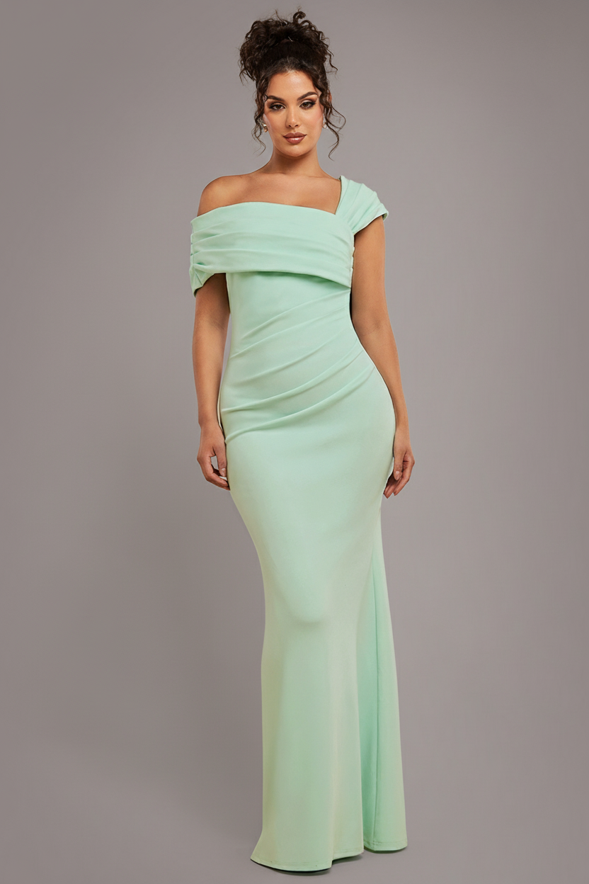 One Shoulder Scuba Crepe Evening Maxi Dress - Mint Green DR3231