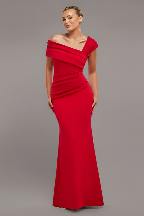 One Shoulder Evening Maxi Dress - Red by Goddiva