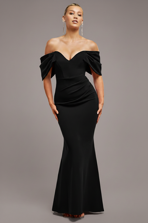 Off The Shoulder Draped Sleeve Maxi Dress - Black by Goddiva