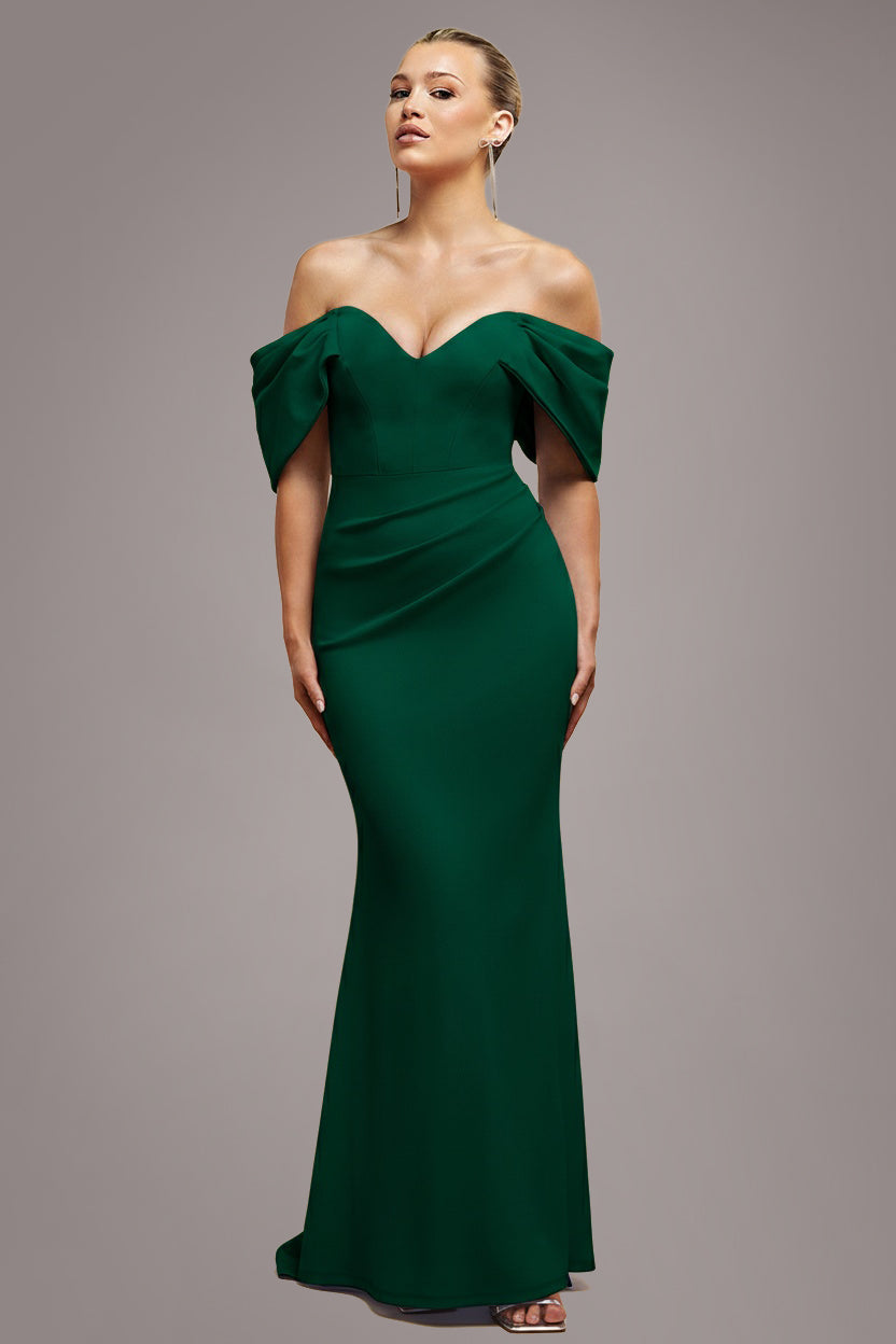 Off The Shoulder Draped Sleeve Maxi Dress - Emerald Green DR3259