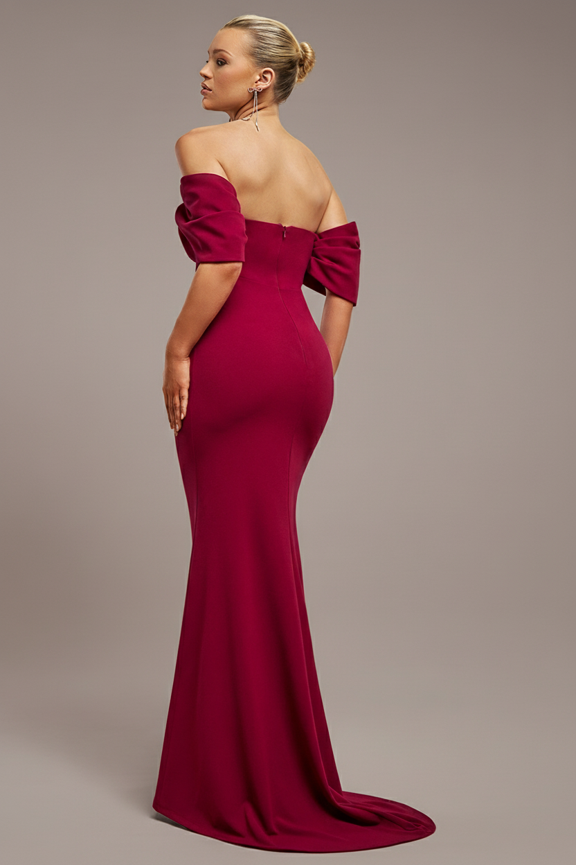 Off The Shoulder Draped Sleeve Maxi Dress - Burgundy DR3259