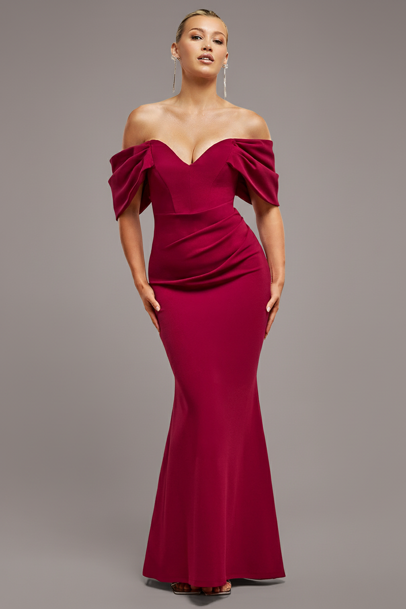 Off The Shoulder Draped Sleeve Maxi Dress - Burgundy DR3259