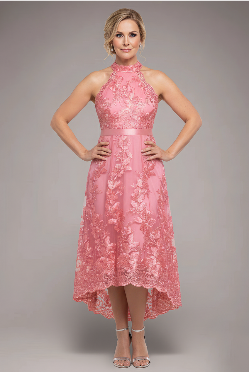 Halter Neck Lace High And Low Dress - Coral DR3346M