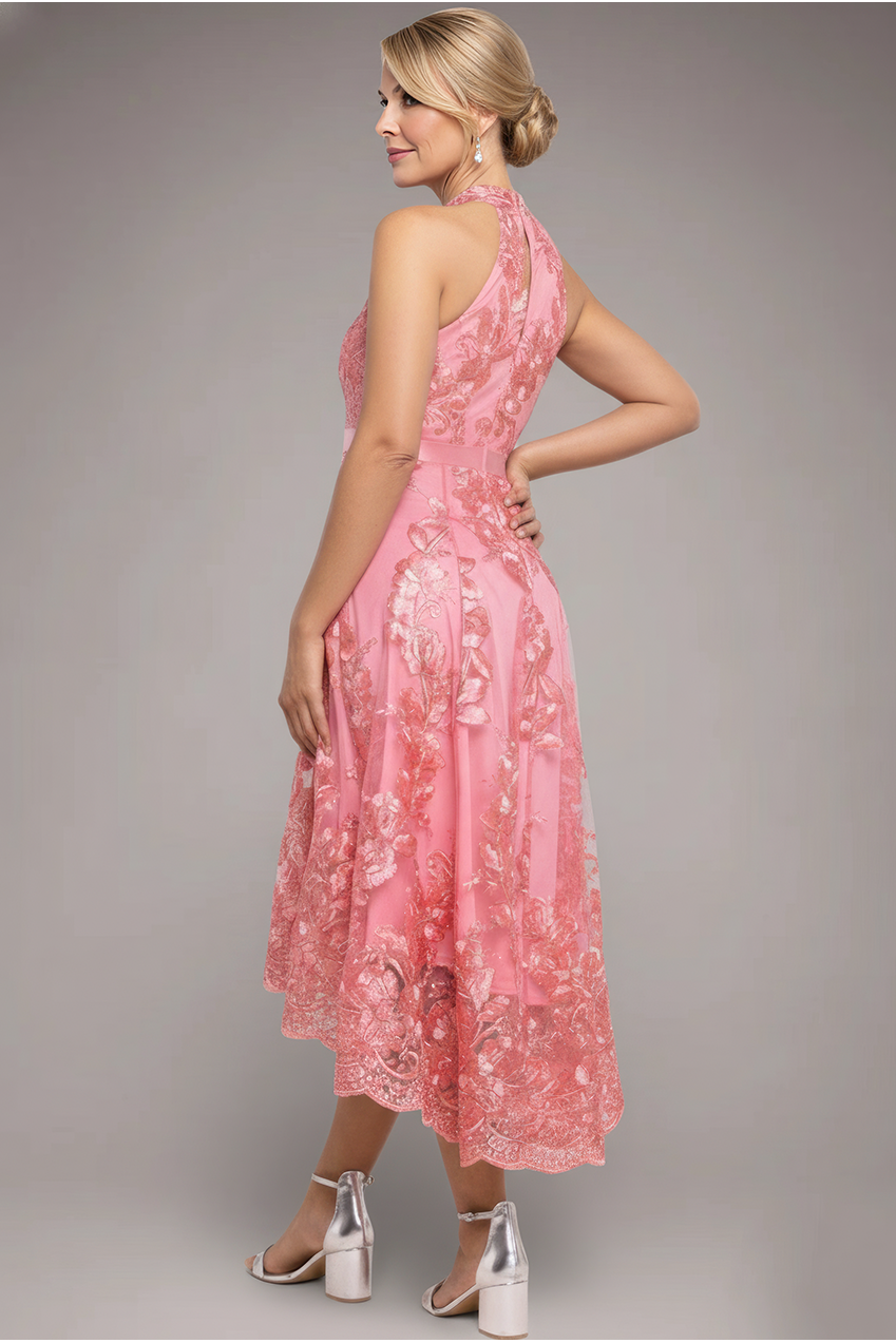 Halter Neck Lace High And Low Dress - Coral DR3346M