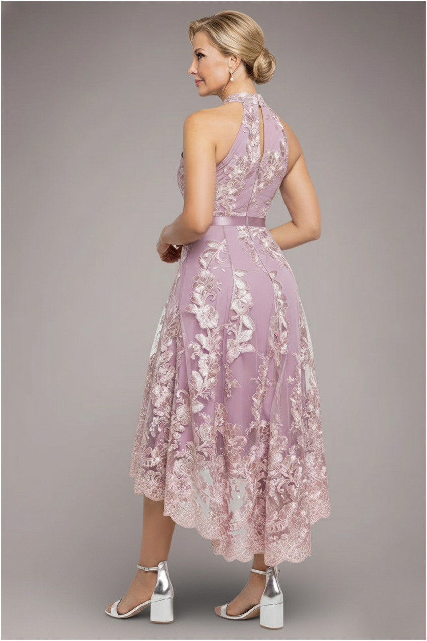 Halter Neck Lace High And Low Dress - Blush Pink DR3346M