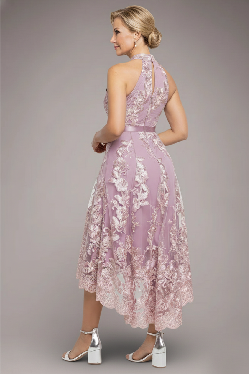 Halter Neck Lace High And Low Dress - Blush Pink DR3346M