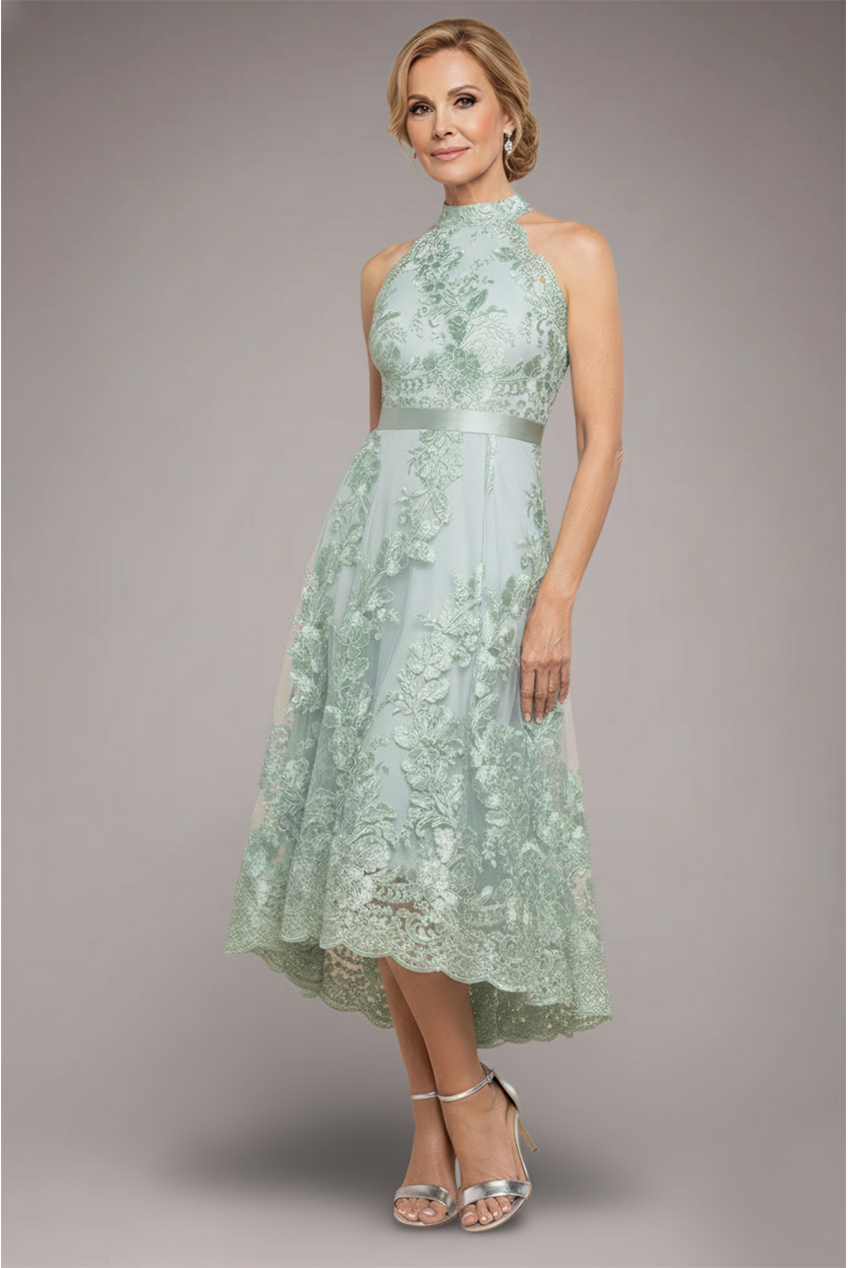 Halter Neck Lace High And Low Dress - Sage Green DR3346M
