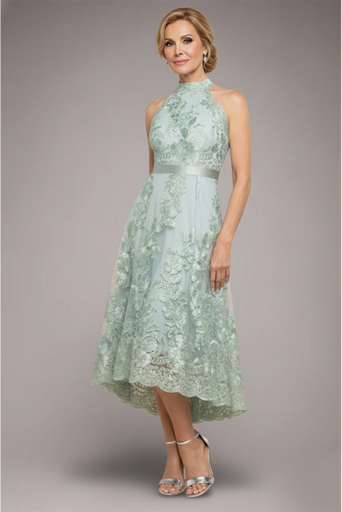 Halter Neck Lace High And Low Dress - Sage Green by Goddiva