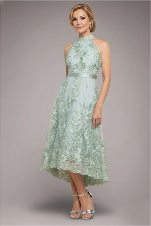 Halter Neck Lace High And Low Dress - Sage Green by Goddiva