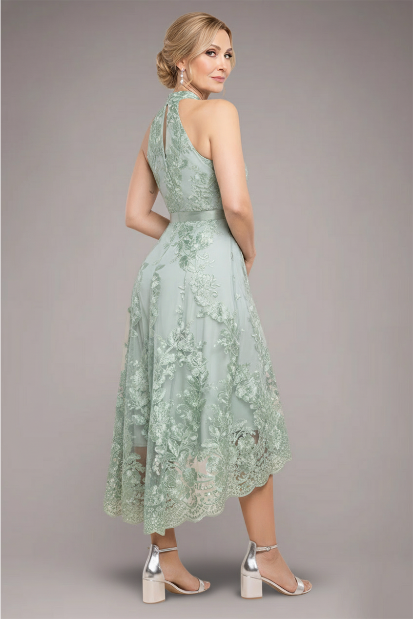 Halter Neck Lace High And Low Dress - Sage Green DR3346M