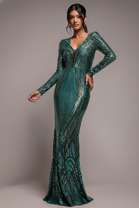 Two Toned V Neck Sequin Maxi - Emerald Green by Goddiva