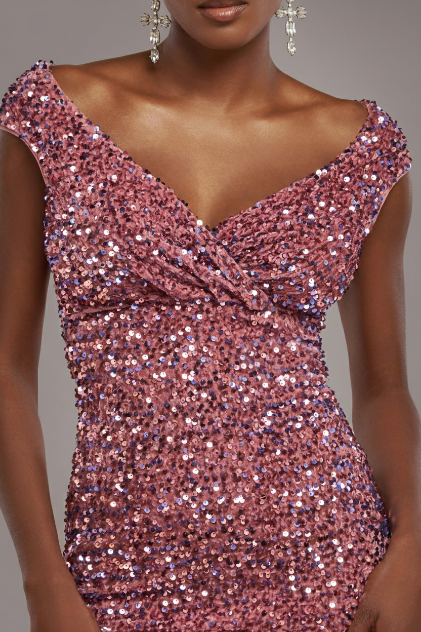 Multi Sequin & Velvet Bardot Midi Dress - Blush Pink DR3550