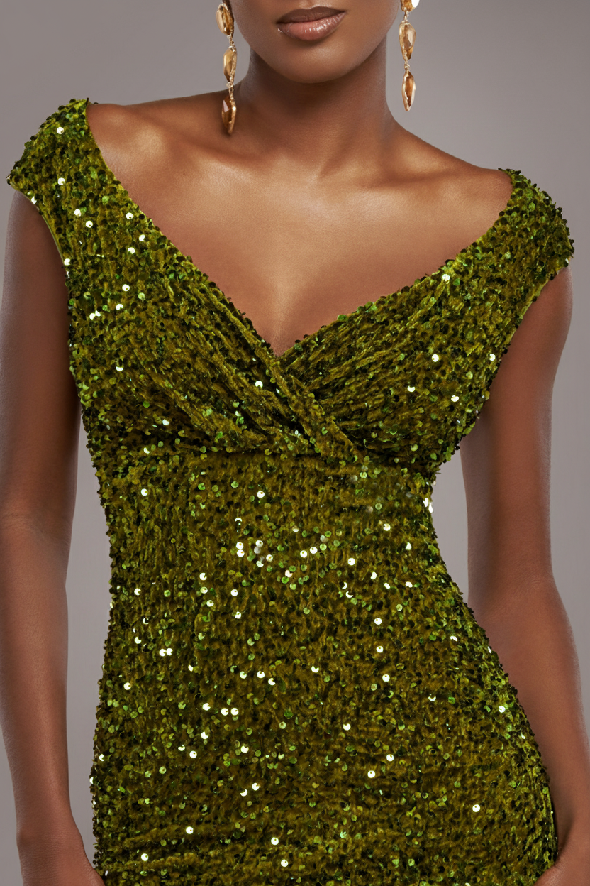Multi Sequin & Velvet Bardot Midi Dress - Olive Green DR3550