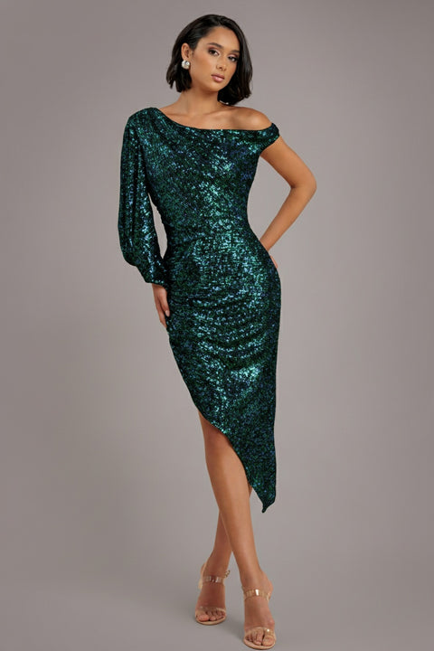 One Shoulder Asymmetric Midi Dress - Emerald Green by Goddiva