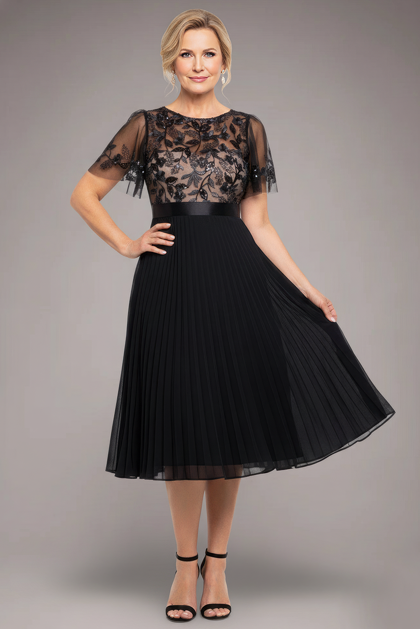 Embroidered Top Chiffon Pleated Midi - Black DR3802M