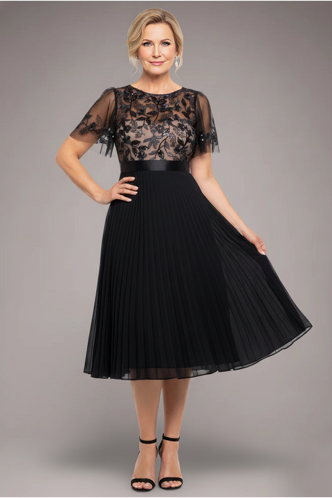 Embroidered Top Chiffon Pleated Midi - Black by Goddiva