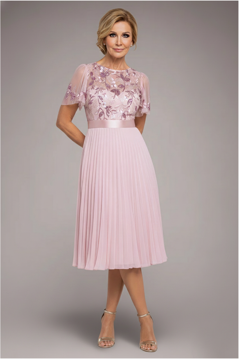 Embroidered Top Chiffon Pleated Midi - Blush Pink by Goddiva