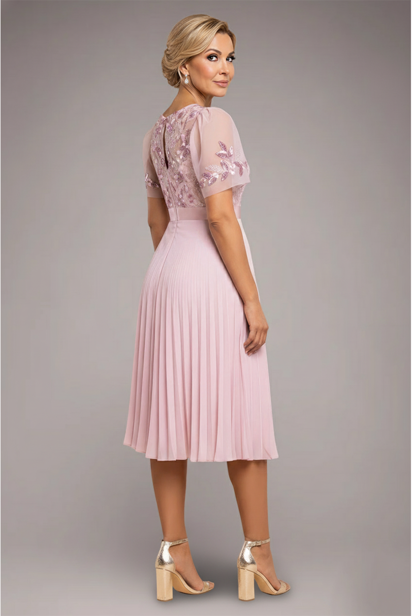Embroidered Top Chiffon Pleated Midi - Blush Pink DR3802M
