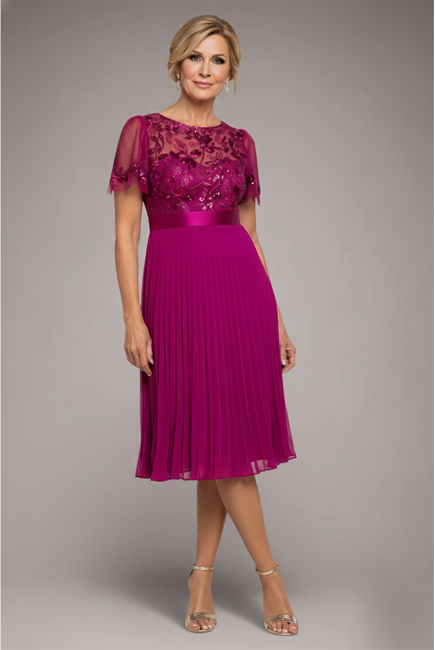 Embroidered Top Chiffon Pleated Midi - Magenta DR3802M
