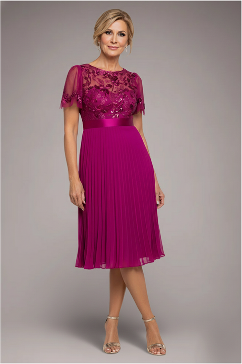 Embroidered Top Chiffon Pleated Midi - Magenta by Goddiva
