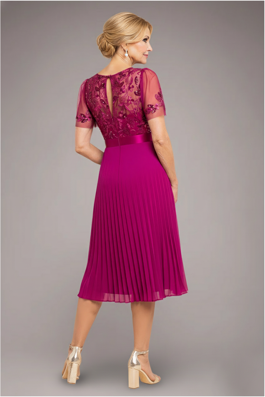 Embroidered Top Chiffon Pleated Midi - Magenta DR3802M
