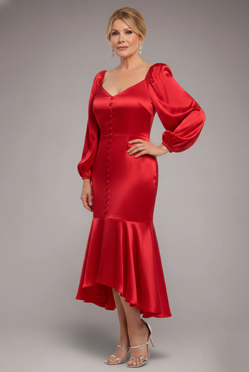 Satin Viscose Front Buttoned Dipped Hem Midaxi Dress - Red DR3899M