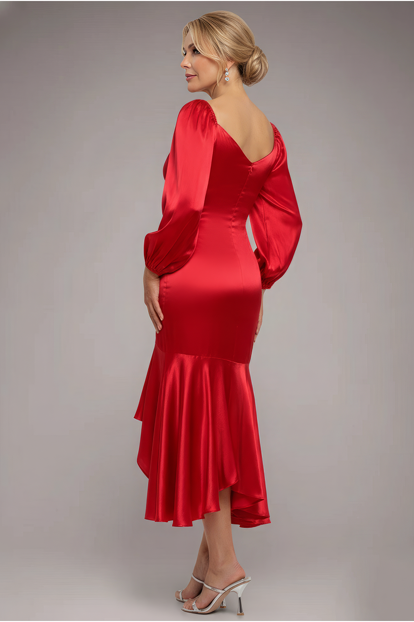Satin Viscose Front Buttoned Dipped Hem Midaxi Dress - Red DR3899M
