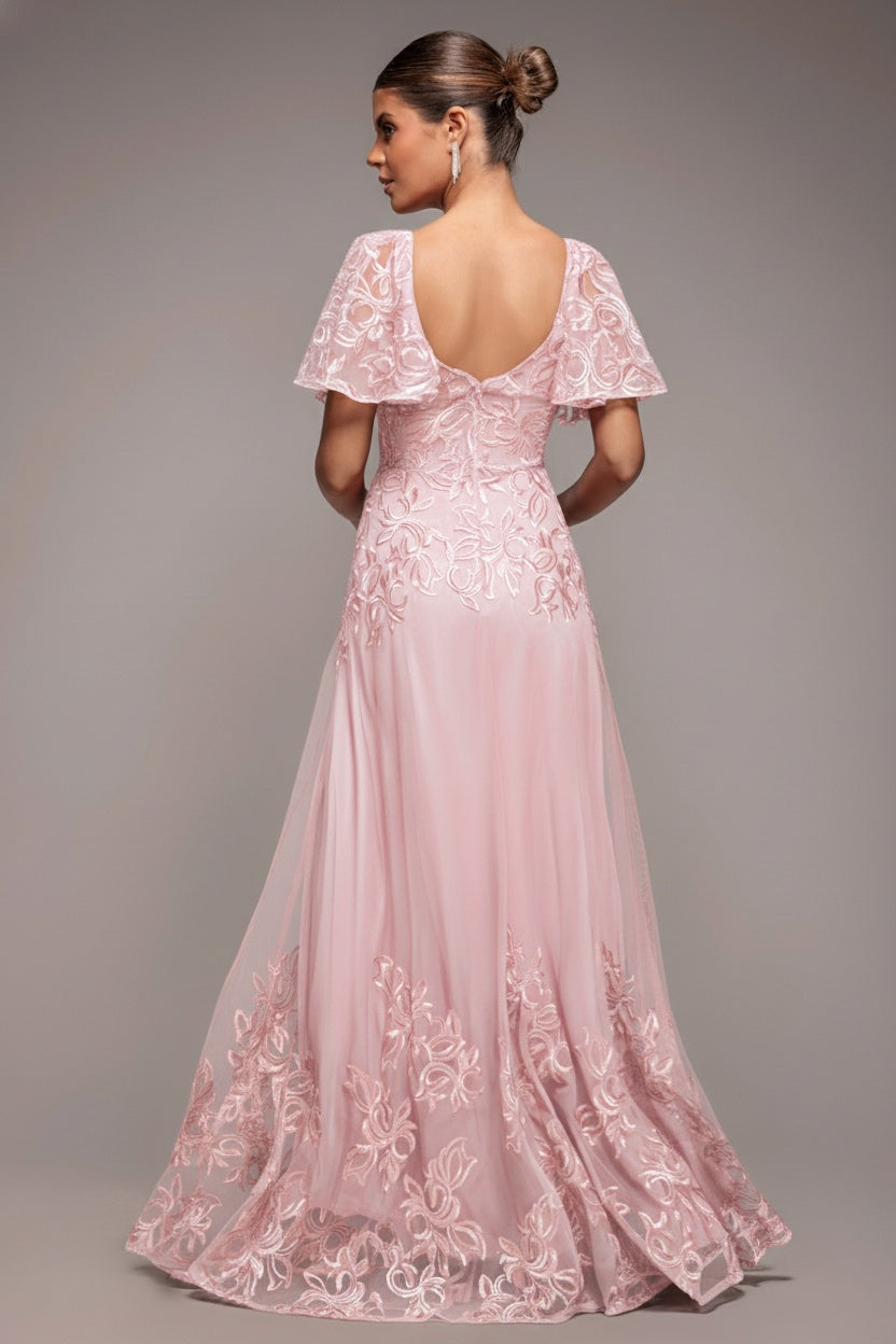 Lace Flutter Sleeve Embroidered Mesh A Line Maxi Dress - Pink DR3942